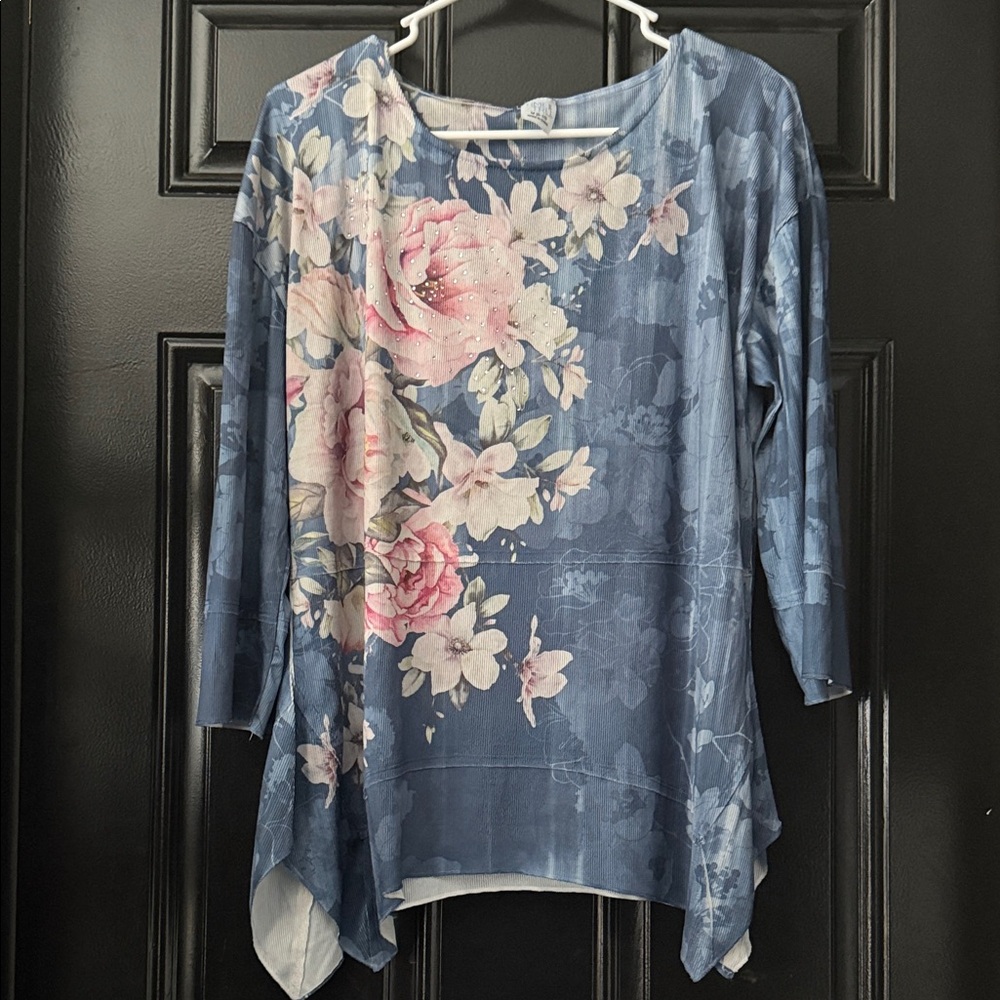 Floral Blue and Pink Blouse With Crystal Accents